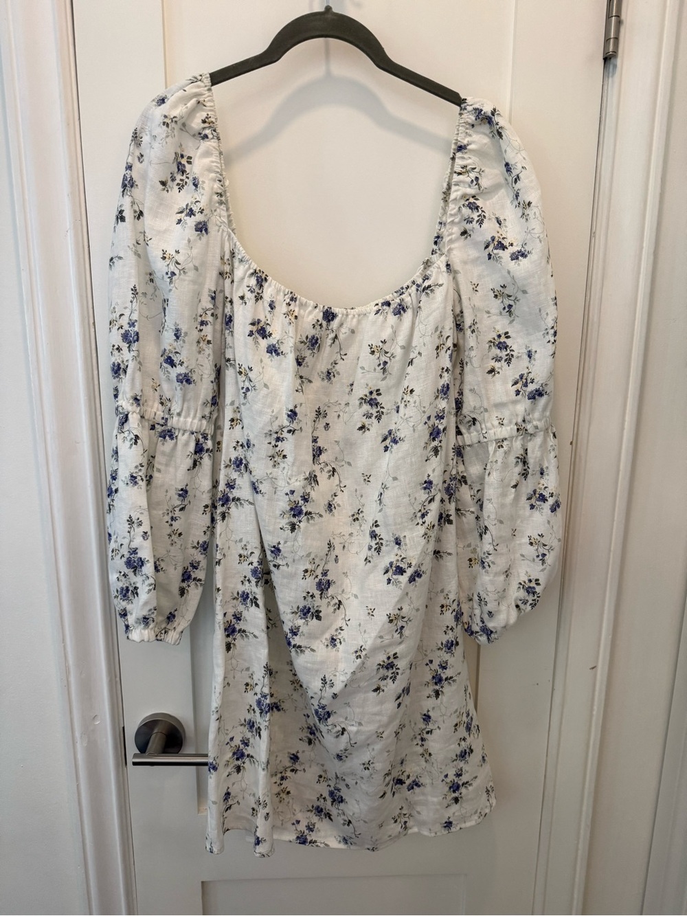 Reformation White Mini Dress with Blue Floral Print